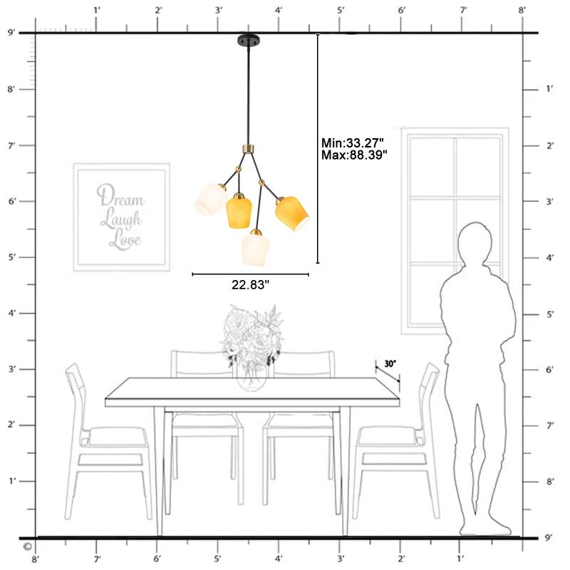 4-Light Black & Gold Y-Shaped Chandelier with Wood-Grain Glass Shades - Dia.22.83-in