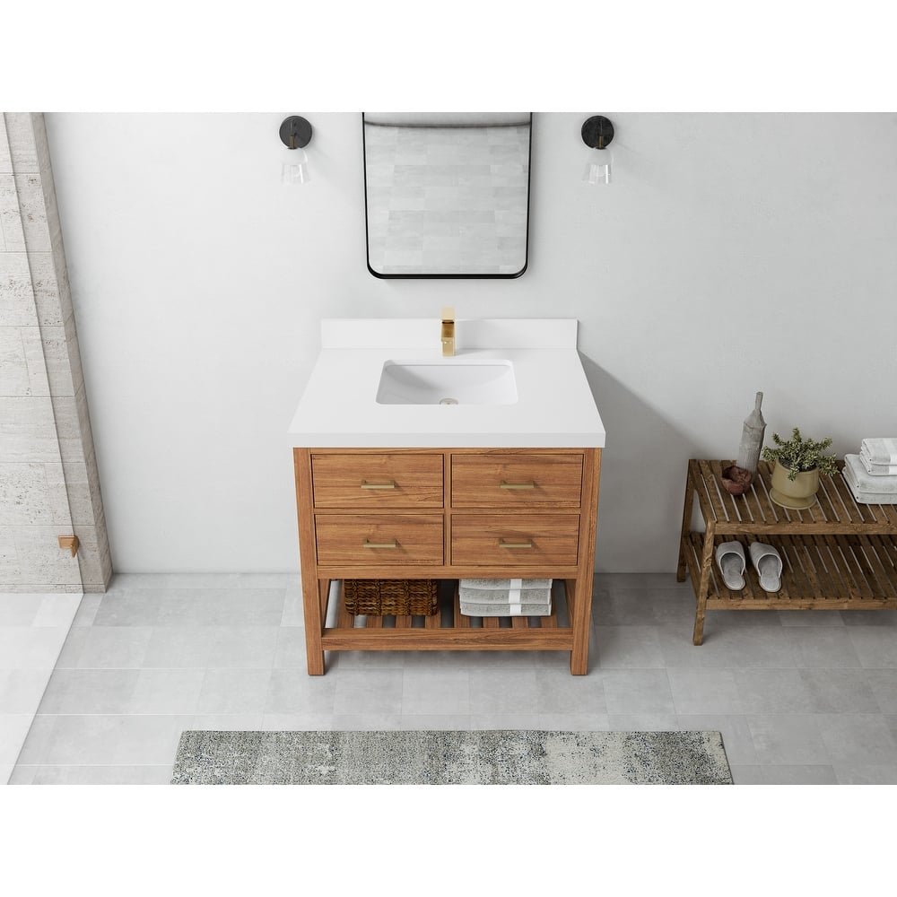 Willow Collections 36 in. W x 22 in. D Parker Solid Teak Wood Single Sink Bathroom Vanity with Quartz or Marble Countertop