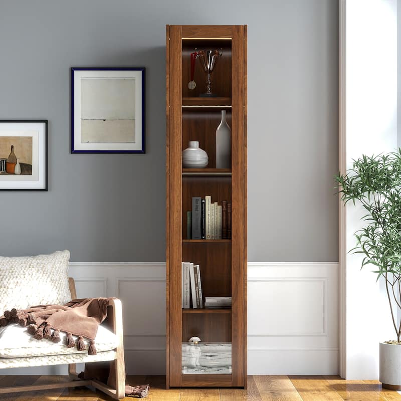 Display Cabinet with Glass Doors, Storage Cabinet with 5 Shelves, Bookcase with LED Lights