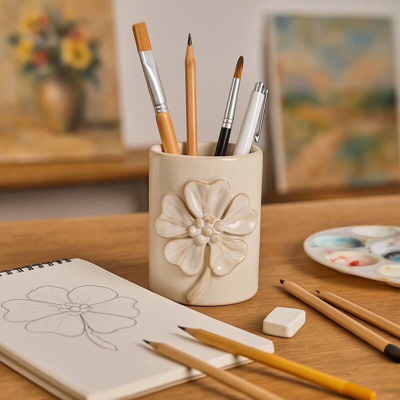 Ceramic Cute Pencil Cup Decorative Flower Office Desk Accessory