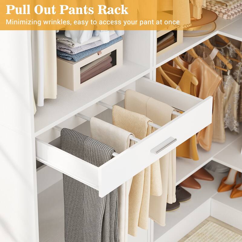 Qvella Corner Closet System with 4 Wooden Drawers & Hanging Rods & Pants Rack, Walk-in Closet Organizer System with Shoe Storage