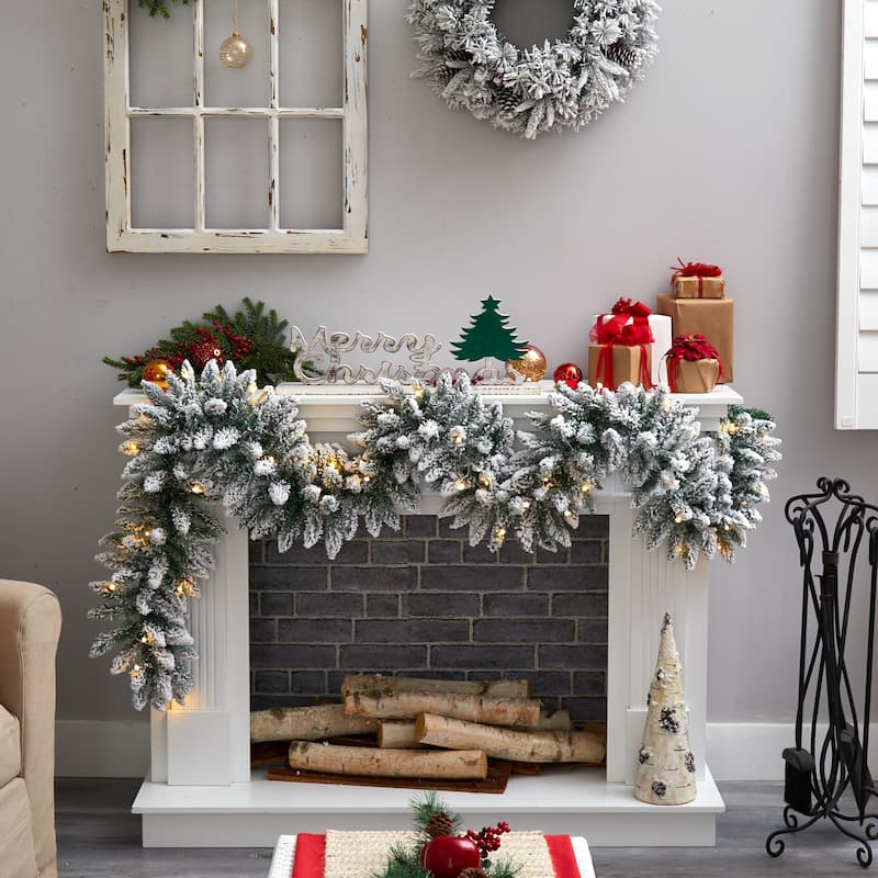 9' Flocked Artificial Christmas Garland with 50 Warm White LED Lights - 108