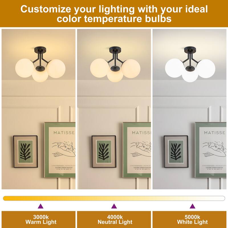 Starsky 3-light 18in. Modern Sputnik Ceiling Light Frosted Globe Glass Bubble Semi Flush Mount