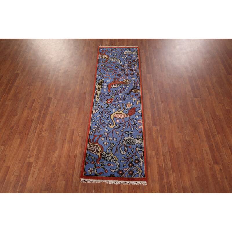 Animals Blue Design Ziegler Indian Runner Rug Handmade Wool Carpet - 2'6"x 7'11"
