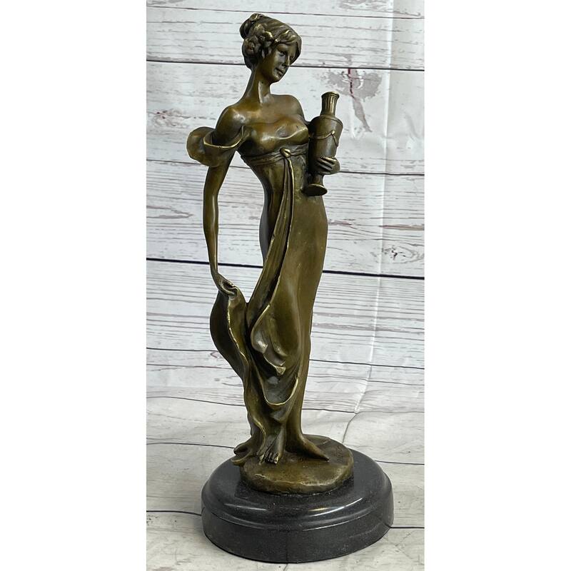 Girl Holding Vase Bronze Statue Sculpture Figure Marble Base French Art 13 Inches X 5 Inches