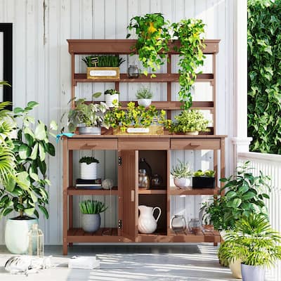 66" Farmhouse Wooden Outdoor Potting Bench Workstation