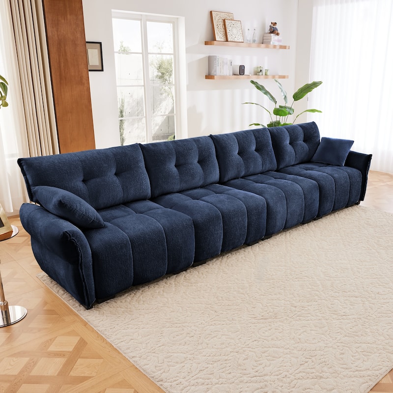 Modern 4-Seater Tufted Sofa Couch with Pillows - Blue