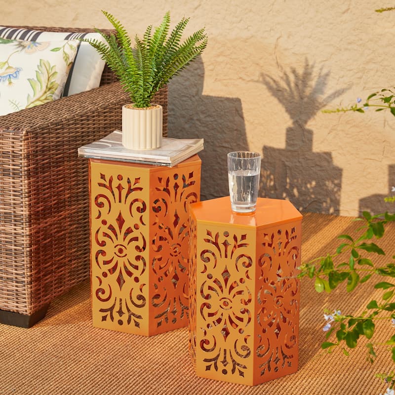Glitzhome Set of 2 Floral Pattern Outdoor Table Garden Stool - 14"W x 14"D x 19.25"H - Orange