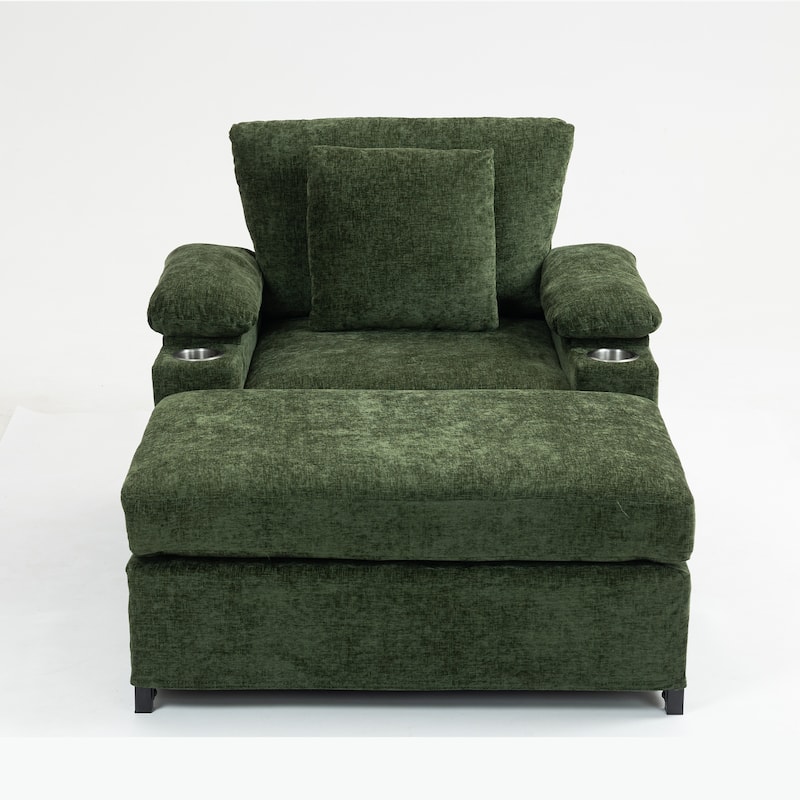 Modern Oversized Chaise Lounge Chair with Ottoman, Chenille Fabric Sofa Bed, Single Accent Chair with Cupholders, USB Ports