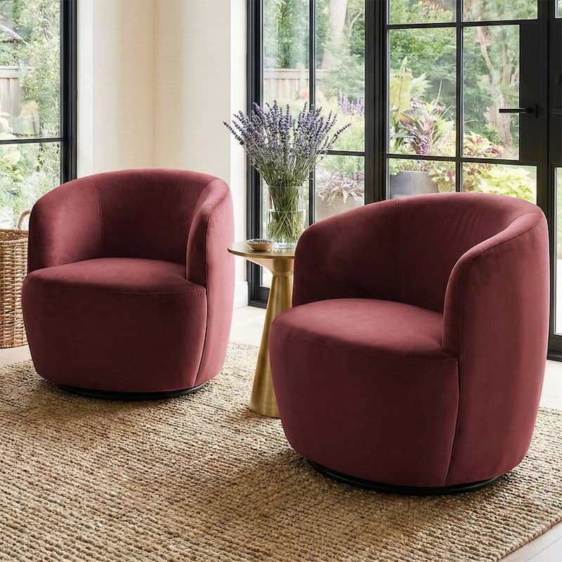 26.5" Wide Velvet Small Swivel Barrel Accent Chair - Set of 2 - Burgundy-2-piece