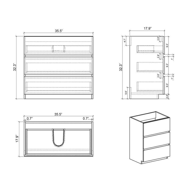 36" Grey Large Storage Freestanding Vanity for Modern Bathroom, One-Piece White Sink Basin without Drain and Faucet