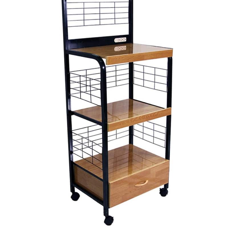 59.5" Tall 4-Tier Microwave Kitchen cart with Drawer and Outlet, Black and Natural - Multicolor