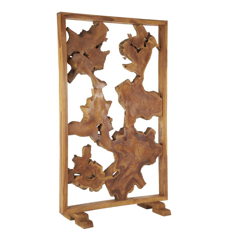 Teak Wood Tall Live Edge Freestanding Partition Room Divider Screen with Large Tree Trunk Pieces - Brown - Roche River Decor