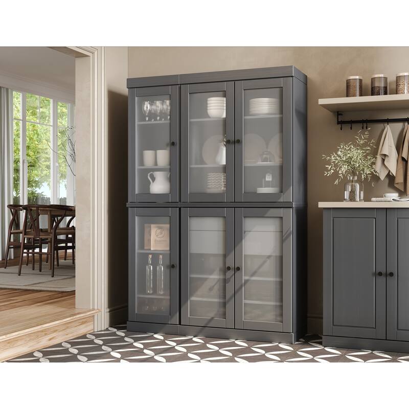 100% Solid Wood 48.5" Pantry Cabinet with Frosted Glass Doors and 2-Drawers