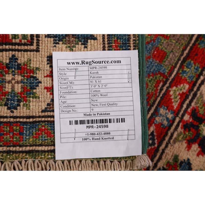 Green Geometric Kazak Oriental Foyer Rug Handmade Wool Carpet - 2'0"x 3'0"