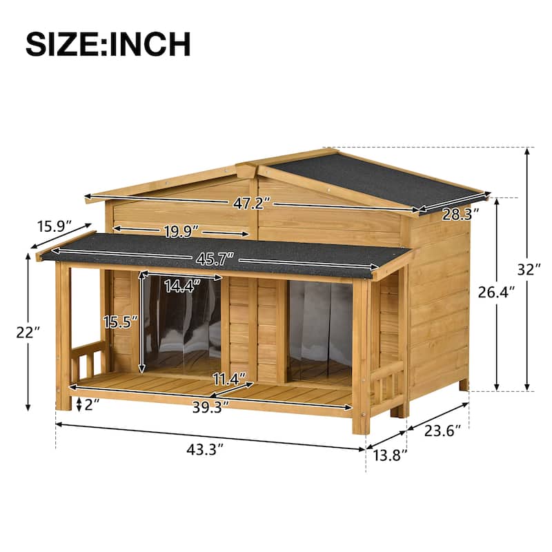 Outdoor Wooden Elevated Dog House Pet House with Porch, 2 Doors, Ventilated, Waterproof, Suitable for Small and Medium Dogs