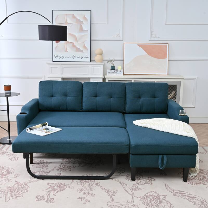 Pull Out Couch, L Shaped Convertible Sleeper Sofa Bed with Hidden Storage, 3-in-1 Upholstered Sectional Sofa with Cup Holder - Blue