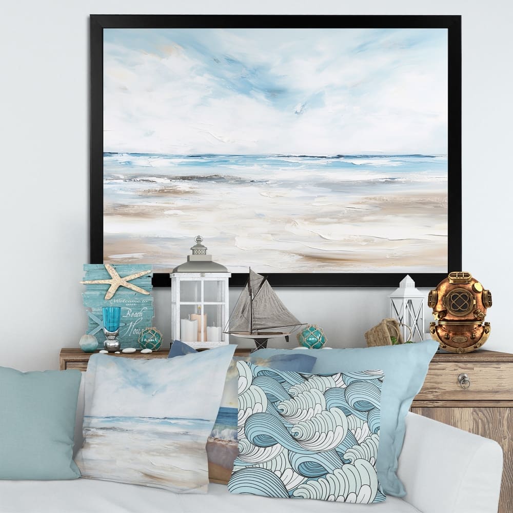 Designart "Coastal Beach Minimal Scenery I" Coastal Ocean Framed Canvas Wall Art