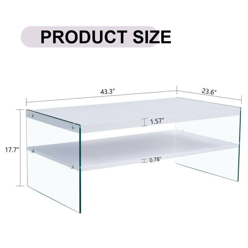 43.3" Modern Rectangular Coffee Table with Tempered Glass Legs and Storage Shelf