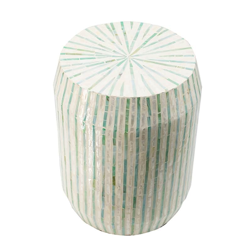 14x14x18" Cream And Green Cylinder Accent Stool With Striped Pattern