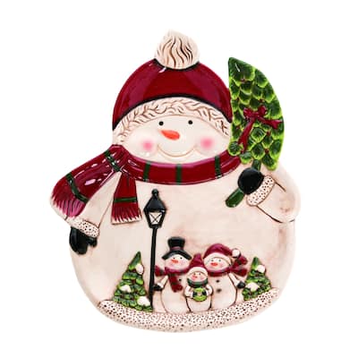 Transpac Dolomite 13 in. White Christmas Snowman Shaped Plate