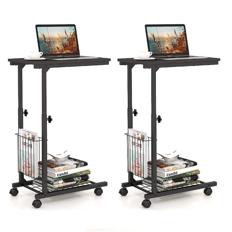 Gymax Set of 2 C-shaped Sofa Side Table Height Adjustable Compact End - Black
