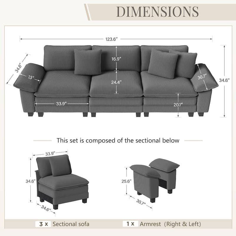 MAISON ARTS Cloud Modular Deep Seat Sofa, Chenille or Corduroy Sectional Couch with Removable Arms, 1–4 Seater