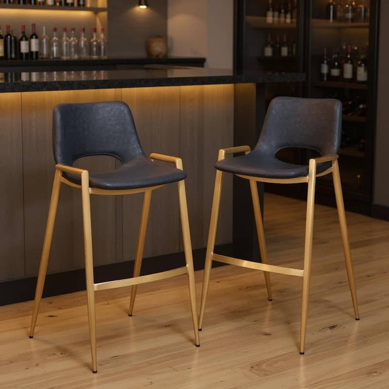 HomeRoots Set of Two 30" Black and Gold Faux Leather and Steel Low Back Bar Height Bar Chairs - Bar Height - Black - Set of 2