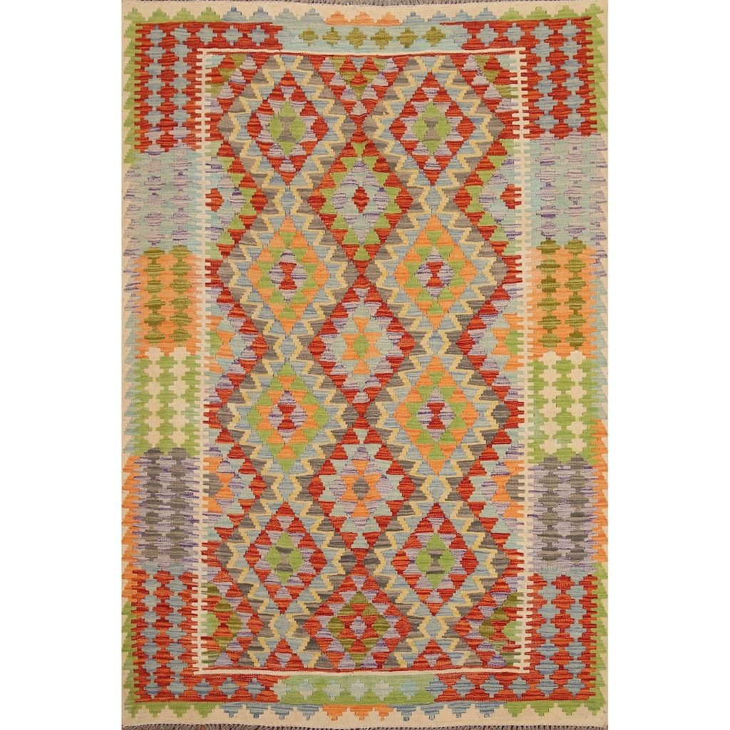 Hand Woven Oriental 100% Wool Carpet Southwestern Geometric Multi-Colored Kilim Area Rug - 6' 7'' X 5' 0''