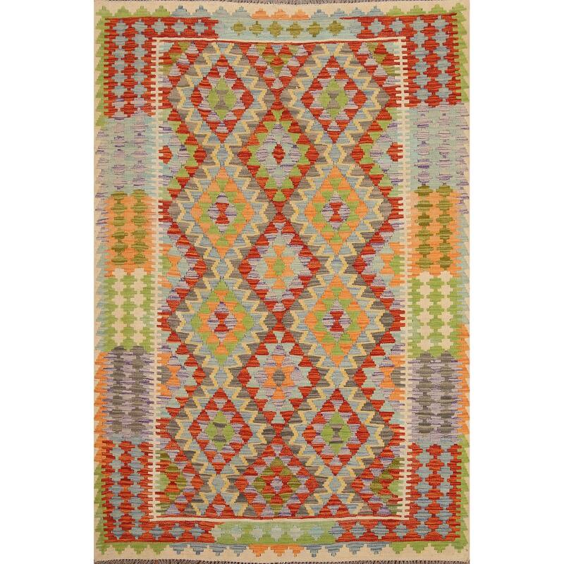 Hand Woven Oriental 100% Wool Carpet Southwestern Geometric Multi-Colored Kilim Area Rug - 6' 7'' X 5' 0''