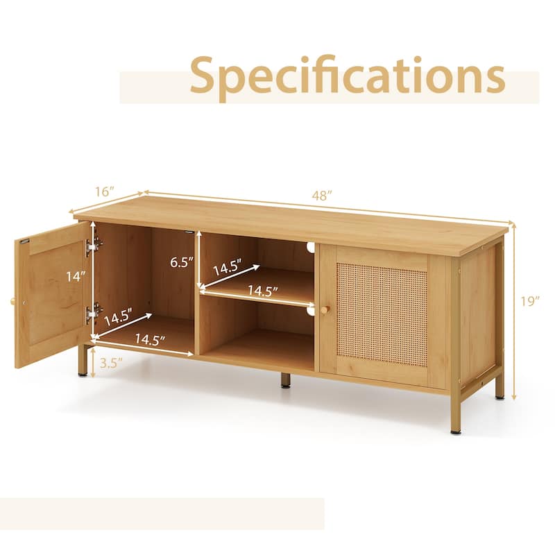 Natural Engineered Wood TV Stand with Faux Rattan Doors, Metal Feet and Storage Shelves - 48" x 16" x 19"(L x W x H)