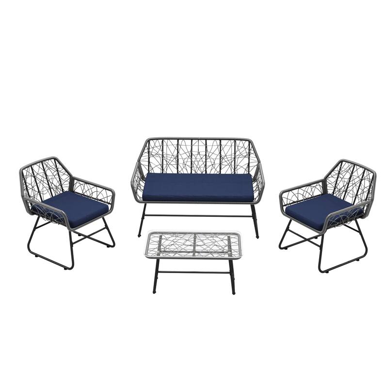 4-Piece Outdoor Rattan Sofa Set with Glass Table & Waterproof Cushions