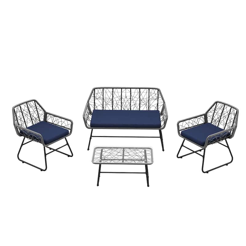 4-Piece Outdoor Woven Rattan Cnversation Sofa Set with Tempered Glass Coffee Table and Waterproof Cushions