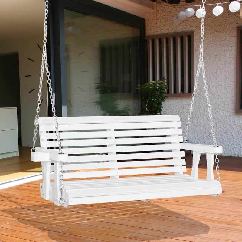 Heavy-Duty 2-Seat Wooden Porch Swing,440lb Capacity,Cup Holders,Chains - White