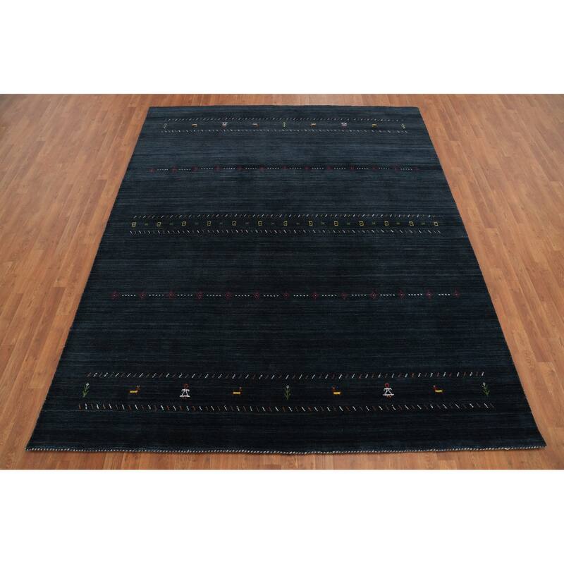 Hand Knotted Oriental 100% Wool Carpet Tribal Animal Pictorial Navy Blue & Blues Gabbeh Area Rug - 9' 9'' X 8' 1''