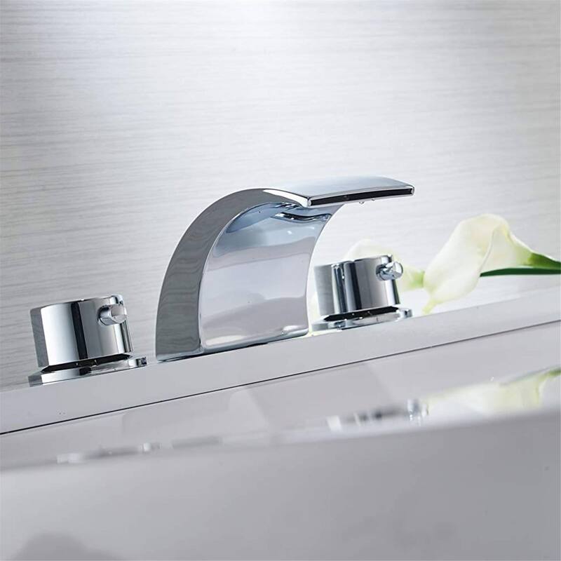 LED Widespread Bathroom Faucet With Drain Assembly 3 Holes Waterfall Bathroom Sink Faucets WIth Light 2 Handle Basin Vanity Tap