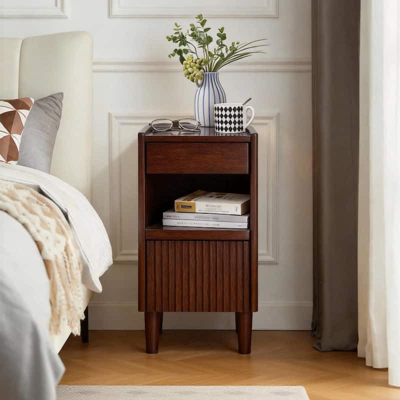 Wooden Bedside Table with 1 Drawer Open Shelves, Wood Board Side Tables Storage Small Narrow Desk Chest of Drawer