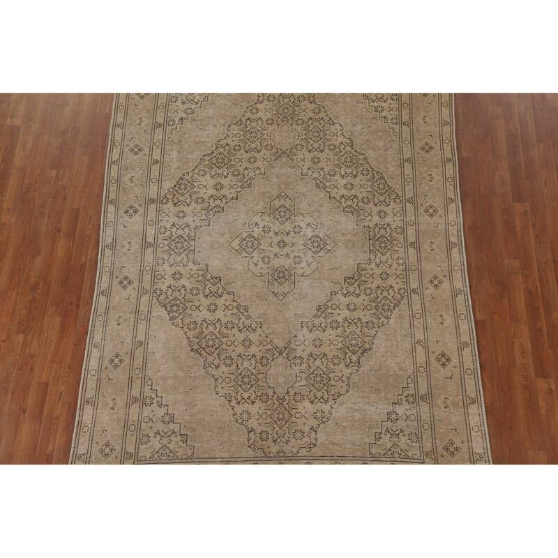 Distressed Tabriz Persian Vintage Rug Handmade Beige Wool Carpet - 6'5" x 9'5"