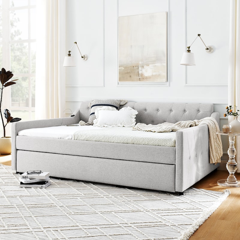 Upholstery Daybed with Twin Size Erectable Trundle and USB Charging Design