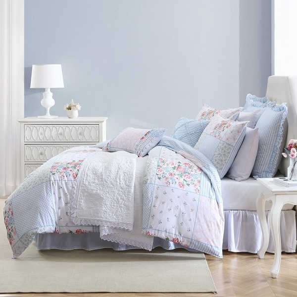Laura Ashley Hope Patchwork Cotton Pink Duvet Cover Bonus Set - On
