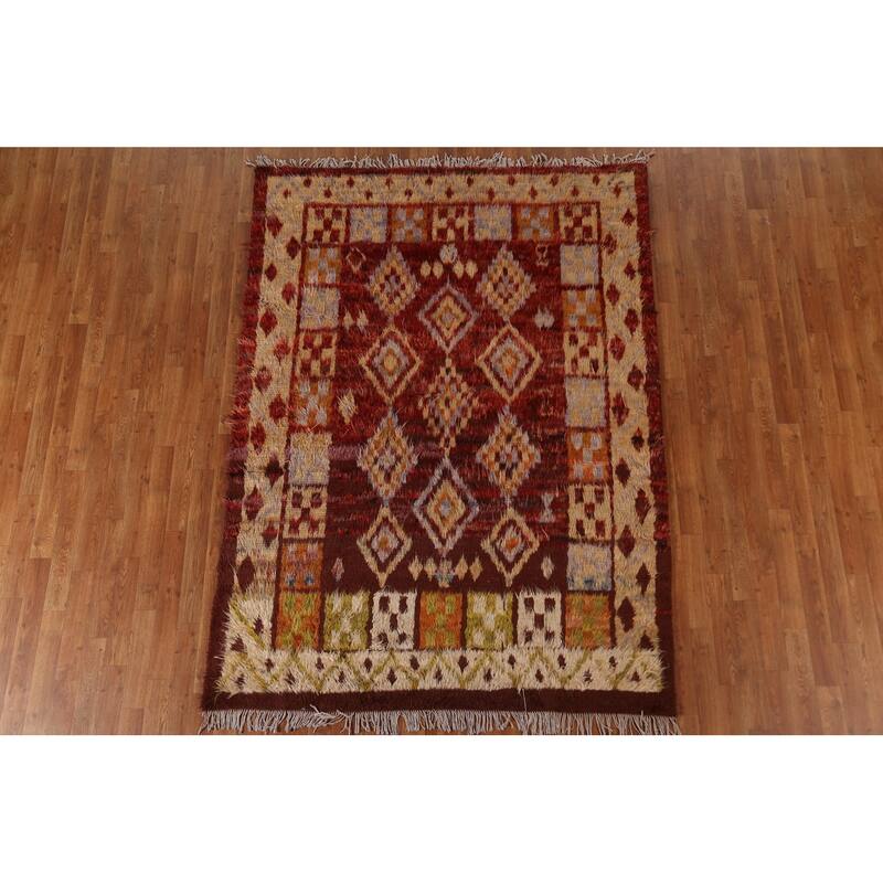 Hand Knotted Oriental 100% Wool Carpet Modern Tribal Red Moroccan Area Rug - 7' 8'' X 5' 8''