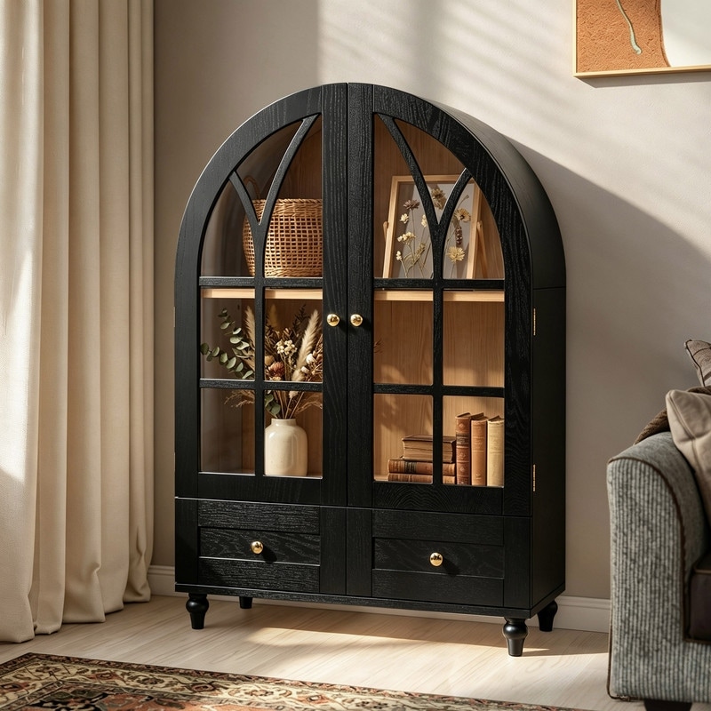 36.6"Tall Arched Accent Cabinet, Display Cabinet with 2 Glass Doors, 2 Drawers, Solid Wood Legs