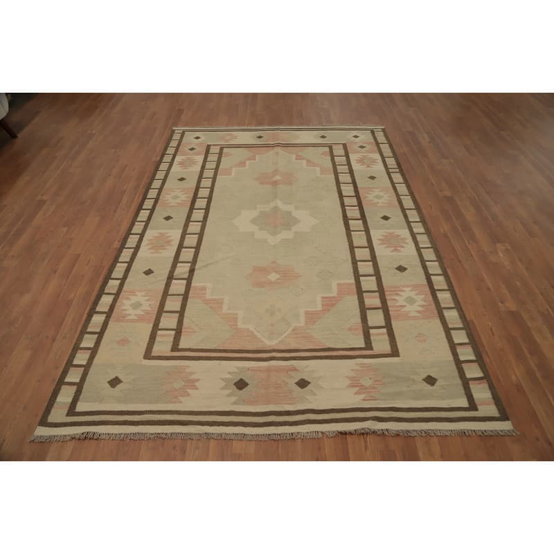 Hand Woven Oriental 100% Wool Carpet Southwestern Tribal Beige & Ivories Kilim Area Rug - 8' 8'' X 5' 10''