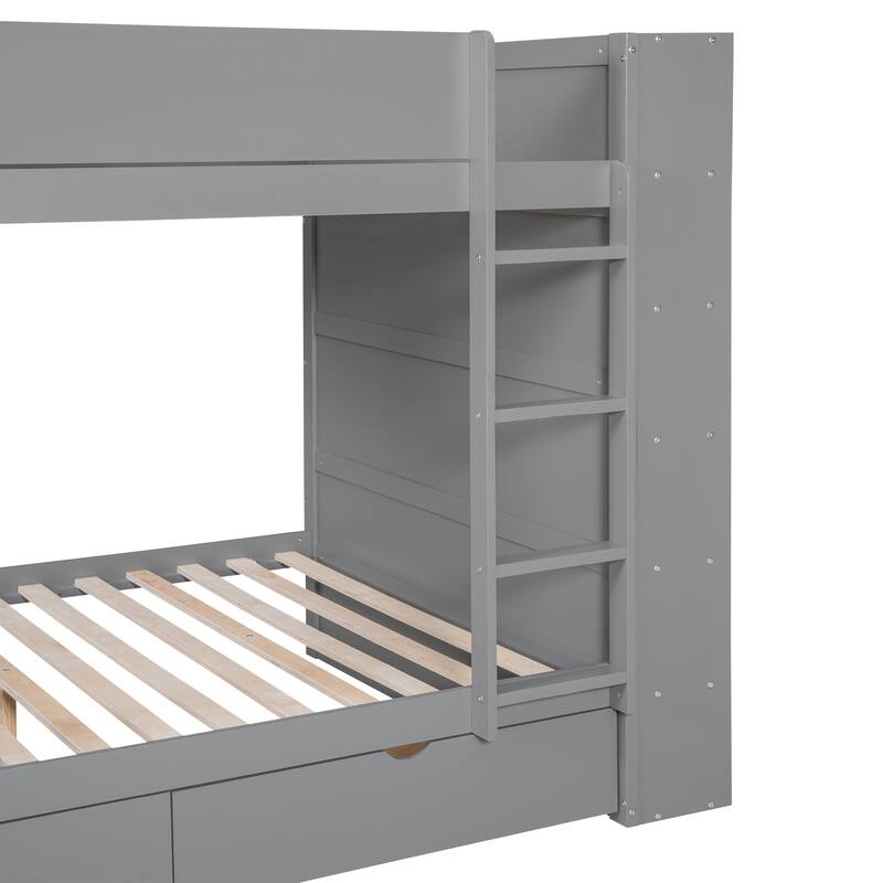 Full over Full Bunk Bed with Drawers and Cabinet, Space-Saving Design, Gray