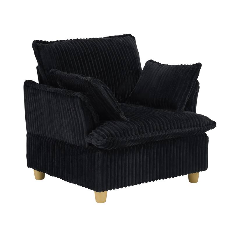 Single-seat Corduroy Sofa with Ottoman and Throw Pillows, 60x36x34 inches, Black