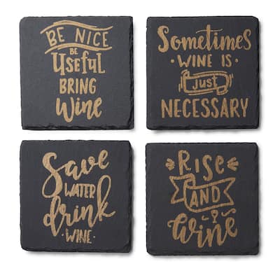 Wine Is Necessary Slate Coasters Gold Set Of 4, Square 4X4" - 4 in. W x 4 in.D