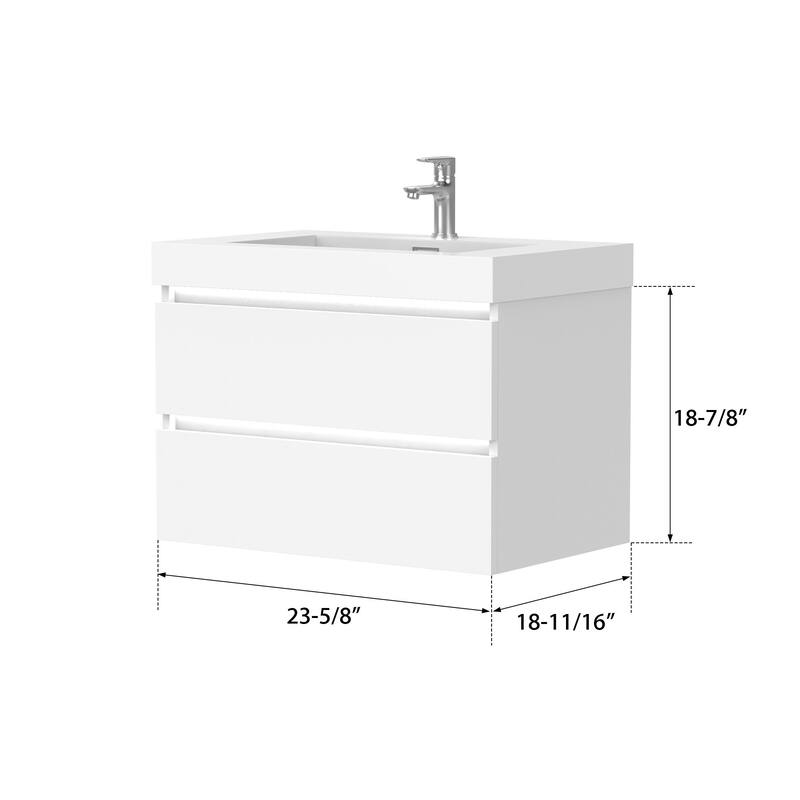 Vanity Art LED Light 24-Inch Single Sink Wall Hung Bathroom Vanity Set White Stone Top Glossy Finish with Sensor Switch