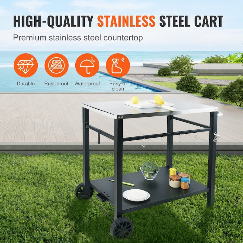 Multifunctional Stainless Steel Outdoor Grill Dining Cart with Double Shelf and Blow Molded Wheels - 39.37 x 25.19 x 32.87 inch