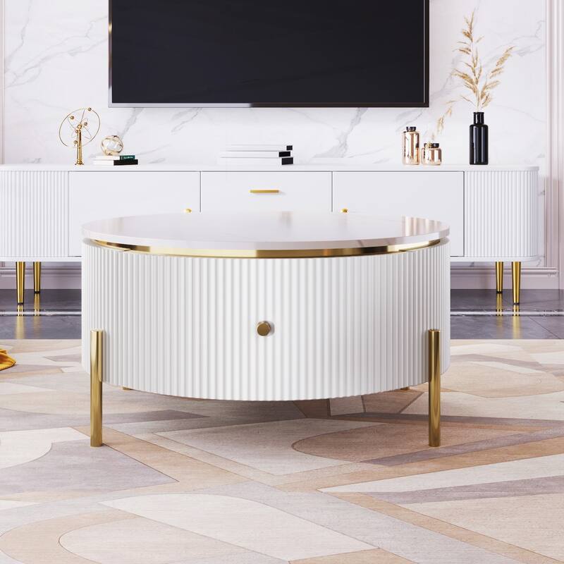 Modern Round Coffee Table with 2 large Drawers - White