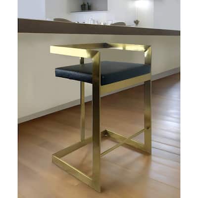 26" Black And Gold Faux Leather And Stainless Steel Low Back Counter Height Bar Chair